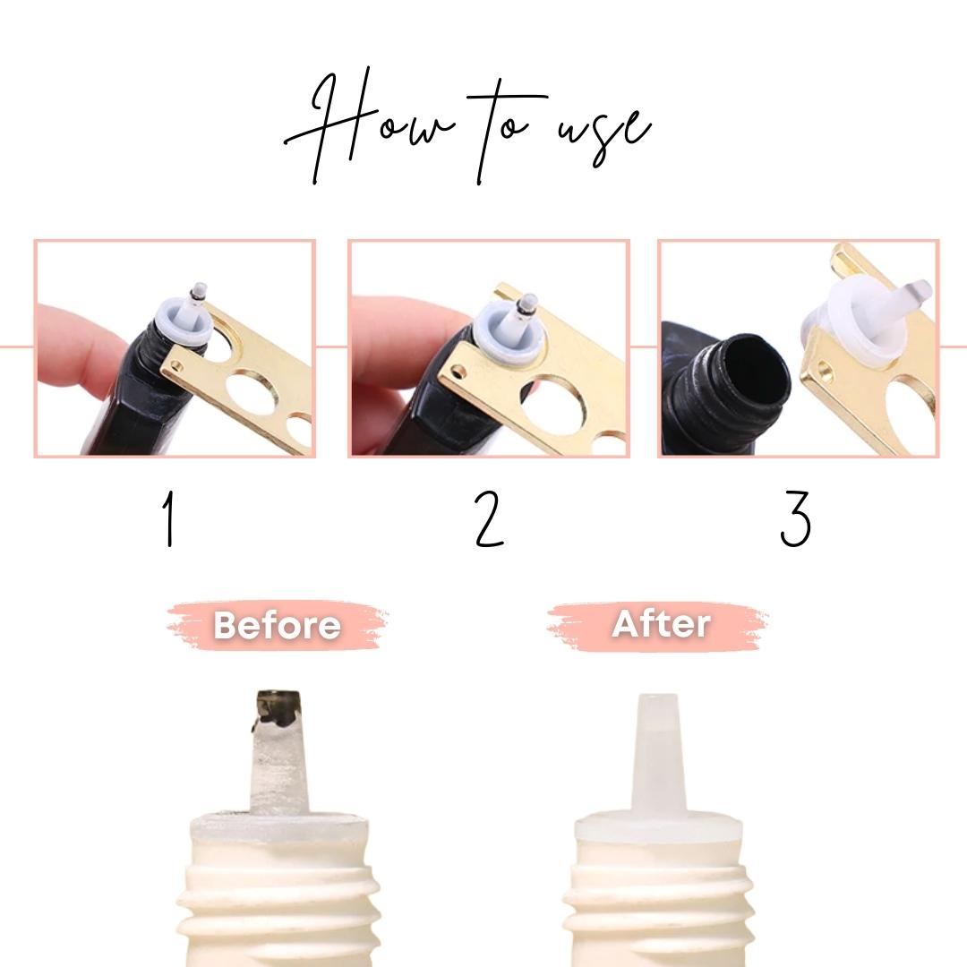 Adhesive nozzle opener and spare nozzles for eyelash extension